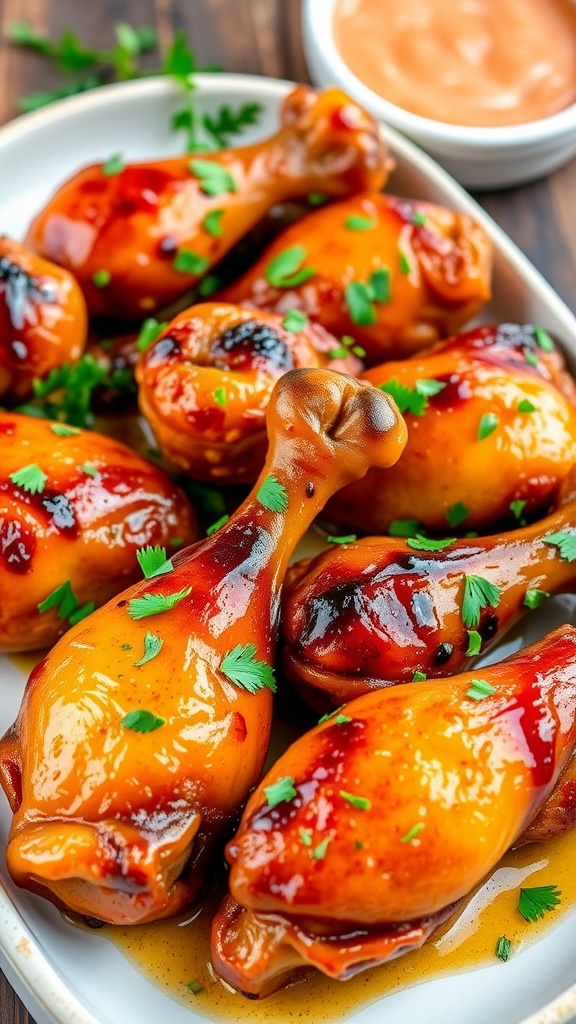 Crispy oven-baked chicken drumsticks served on a platter with dipping sauce.